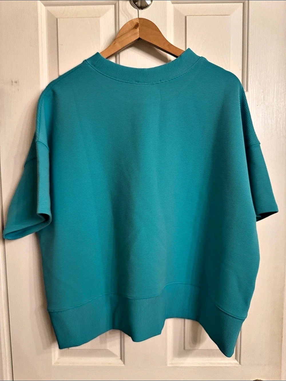 ZENANA Textured Short Sleeve Top in Blue Size Large